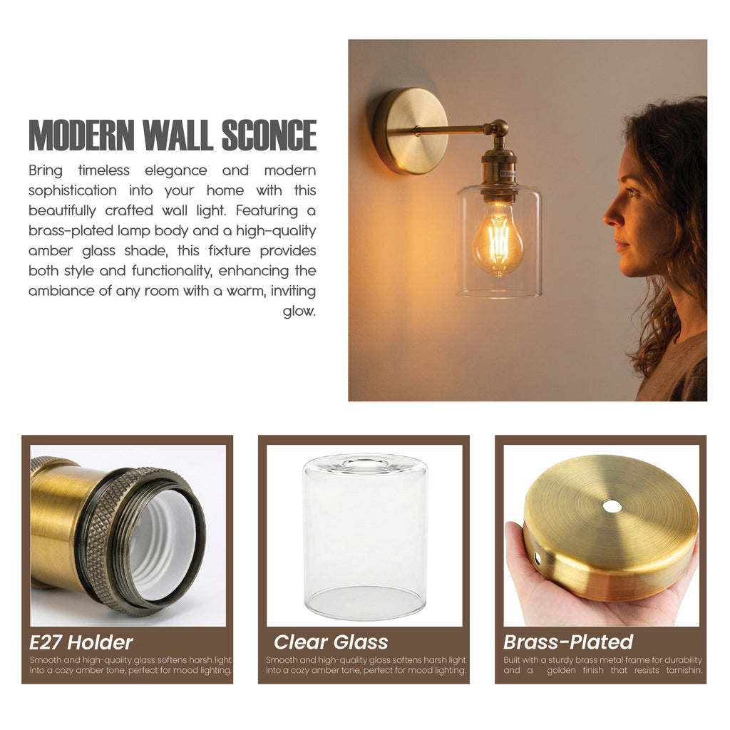 Vintage Brass Wall Sconce Adjustable Clear Glass Wall Lamp ~6719