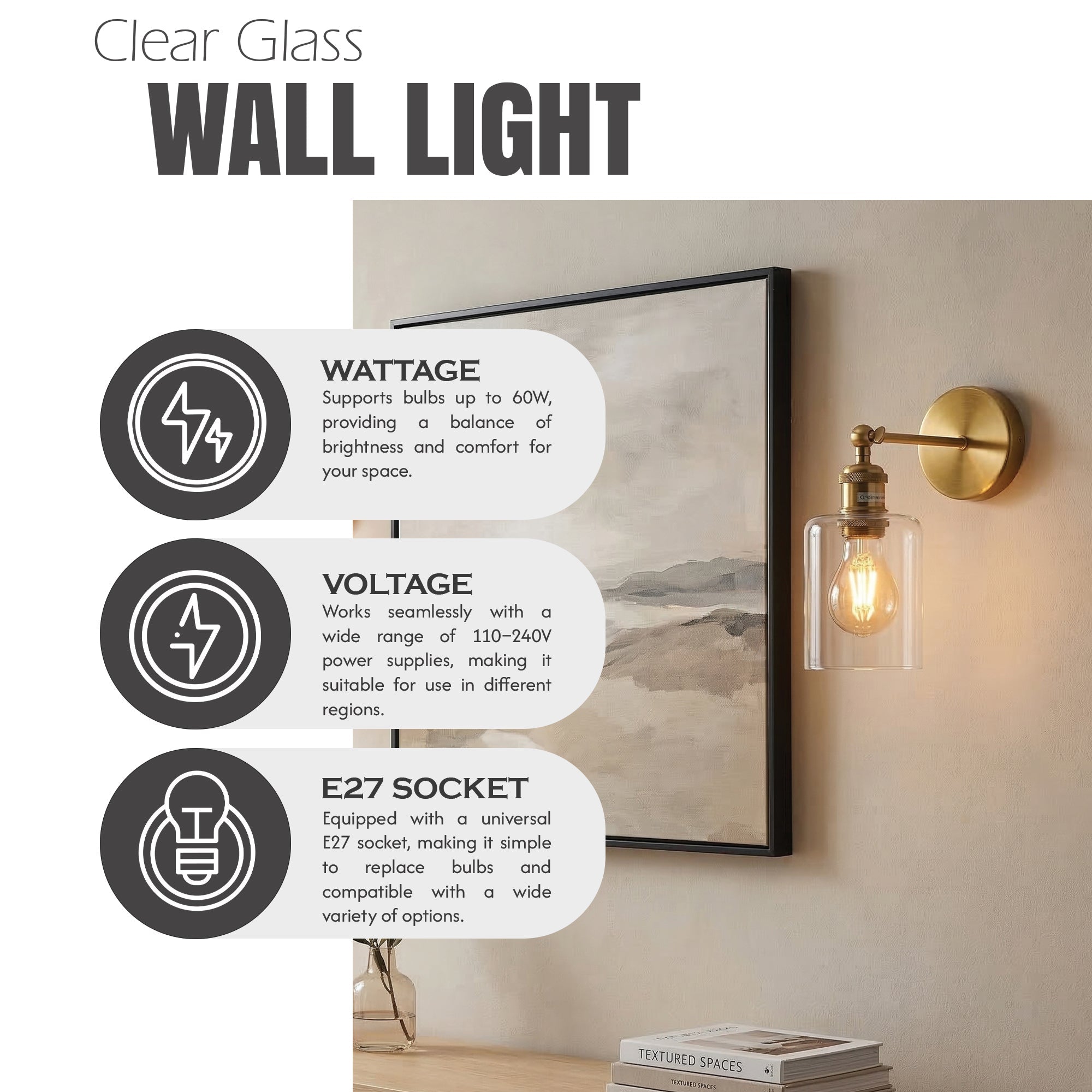 Vintage Brass Wall Sconce Adjustable Clear Glass Wall Lamp ~6719