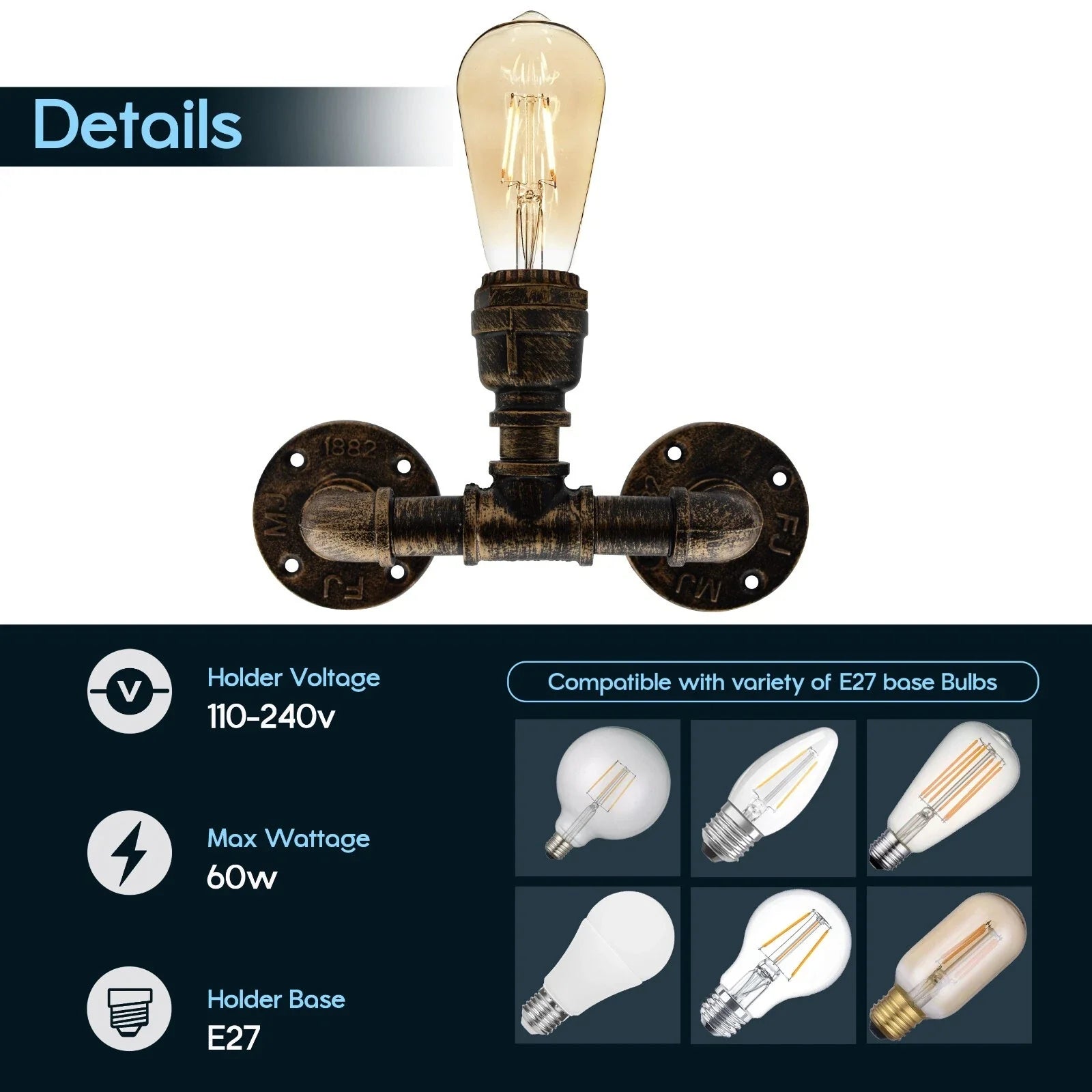 Industrial Steampunk Water Pipe Wall Light –  E27  Vintage Retro Loft Sconce~2133